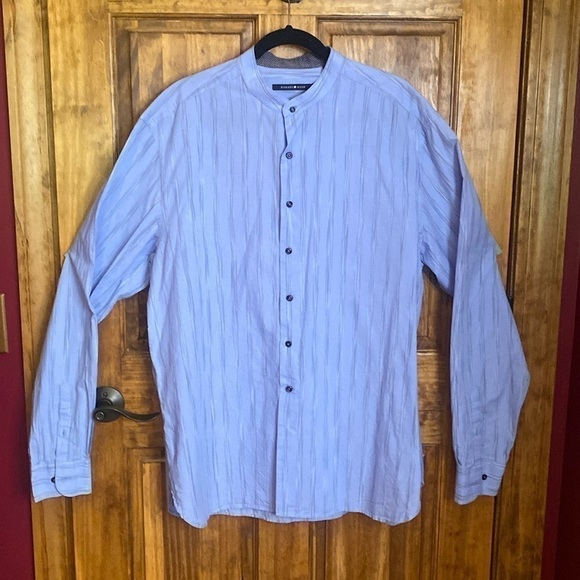 HAMMER MADE collarless men’s dress shirt light blue vertical stripes sz 44 17.5 - Picture 3 of 10
